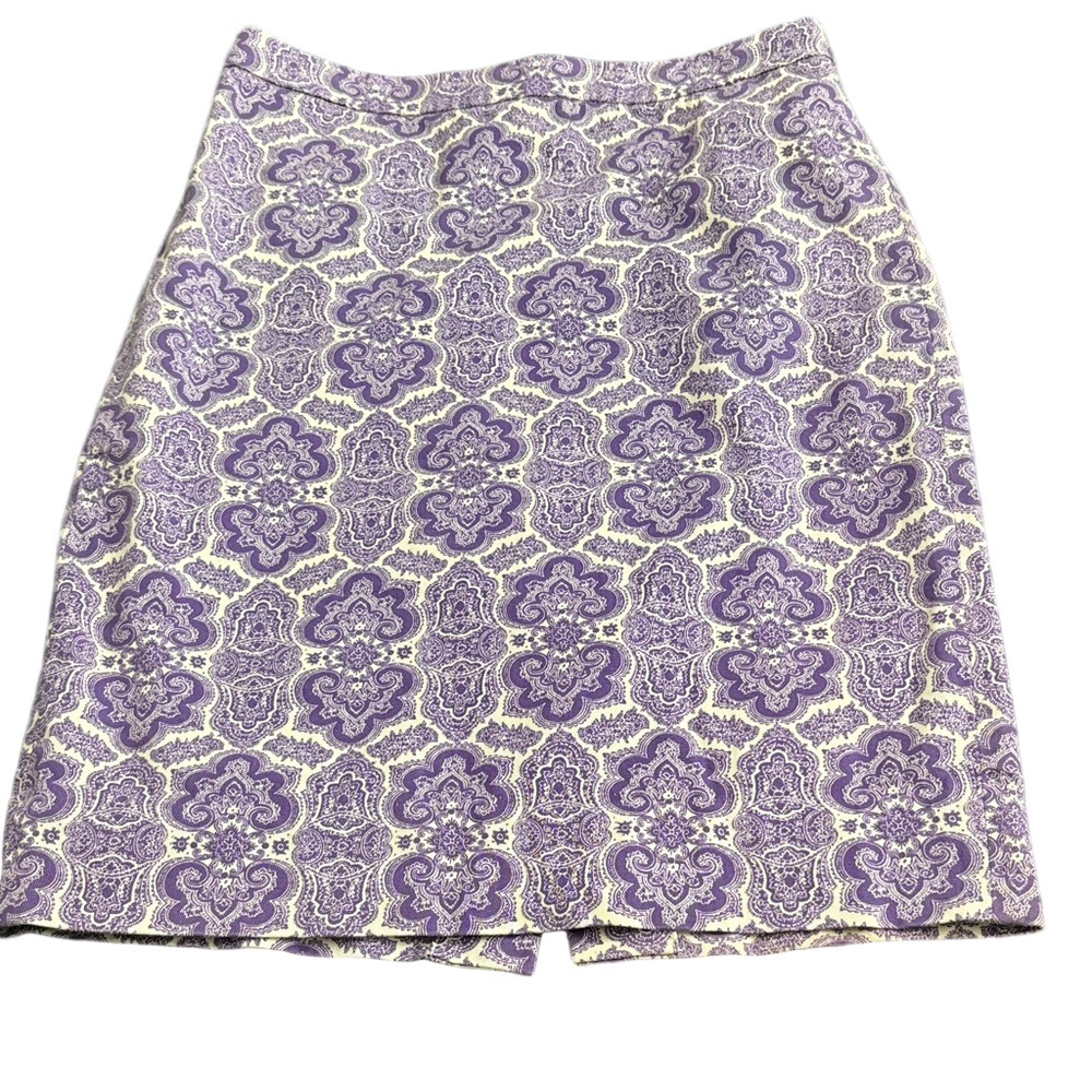 J.Crew No. 2 Pencil Skirt Purple Medallion Paisley Back Kick Vent Size 00